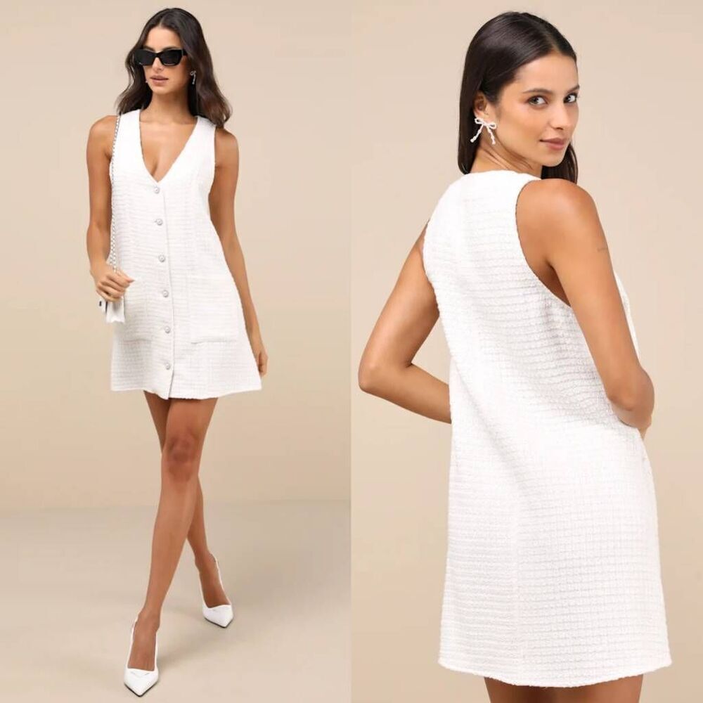 Lulus Elevated Concept White Tweed Lurex Button-Front Shift Mini Dress M NWT - Picture 2 of 9